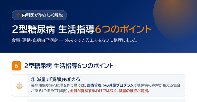 2型糖尿病 生活指導6つのポイント｜食事・運動・血糖自己測定を1枚に サムネイル